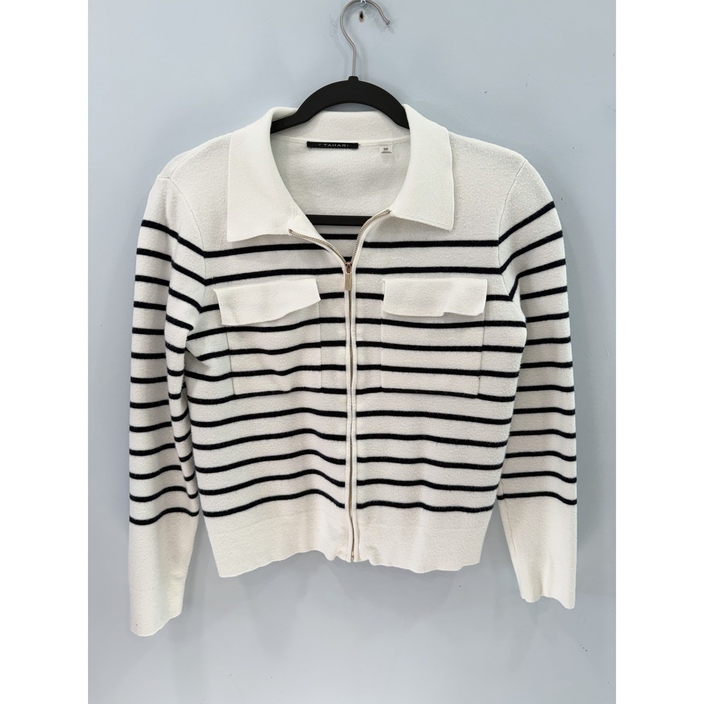 T Tahari Striped Cropped Knit Sweater Jacket Zip Front Faux Pocket S Preppy